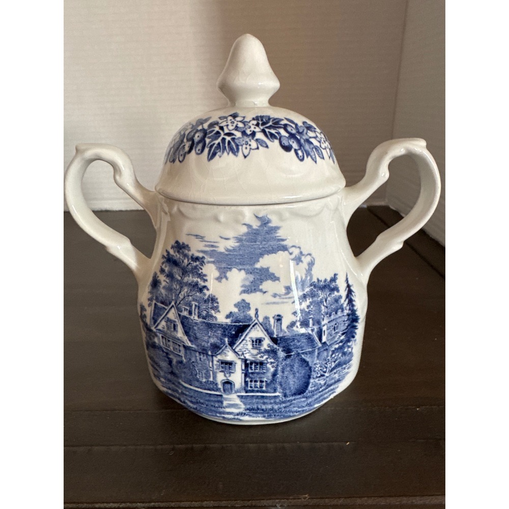 J&G Meakin Romantic England Blue White Sugar Bowl Sandford Orcas Manor House